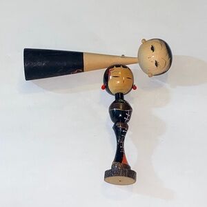 Vintage Kokeshi Wooden Japanese Dolls Black and Tan Figurine Pair